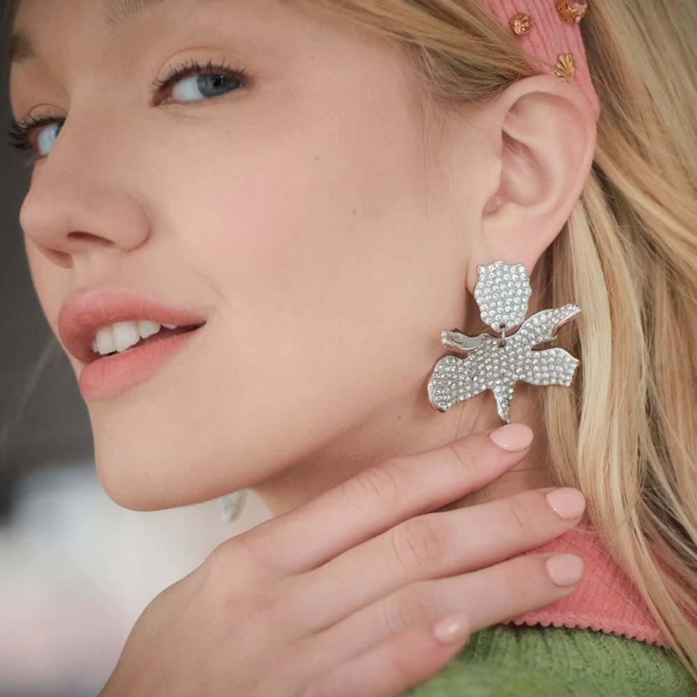 Lele Sadoughi Crystal Small Paper Lily Earrings Silver NWT